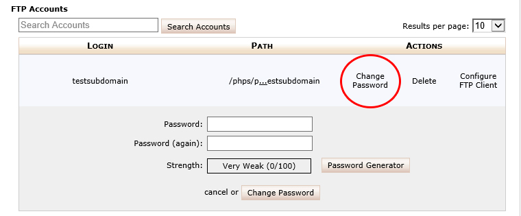 Изменение пароля аккаунта FTP в cPanel