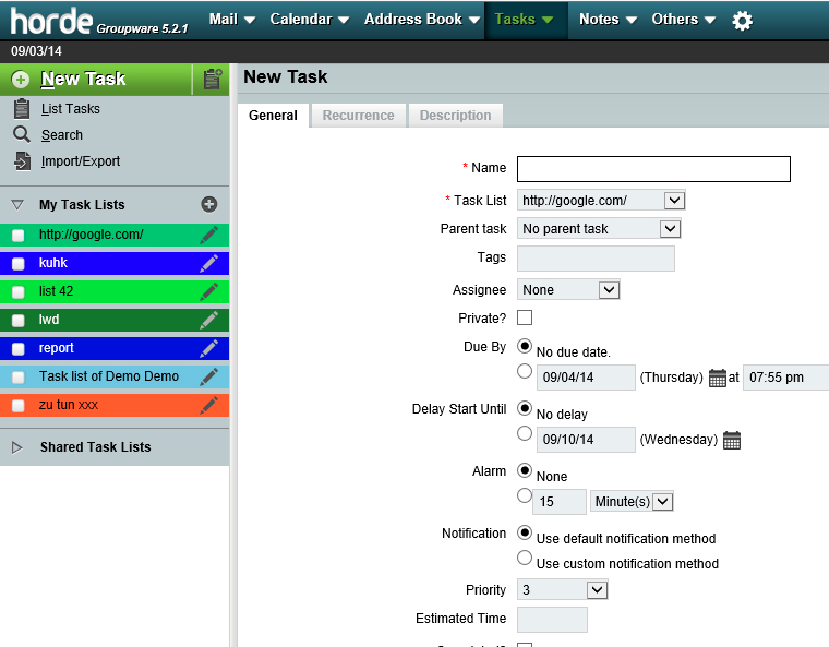 Horde Webmail New Task