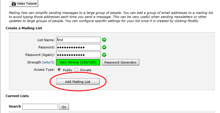 cPanel Add Mailing List