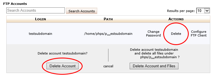 Удаление аккаунта FTP в cPanel