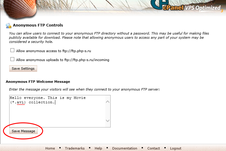 Добавление сообщения анонимного FTP в cPanel
